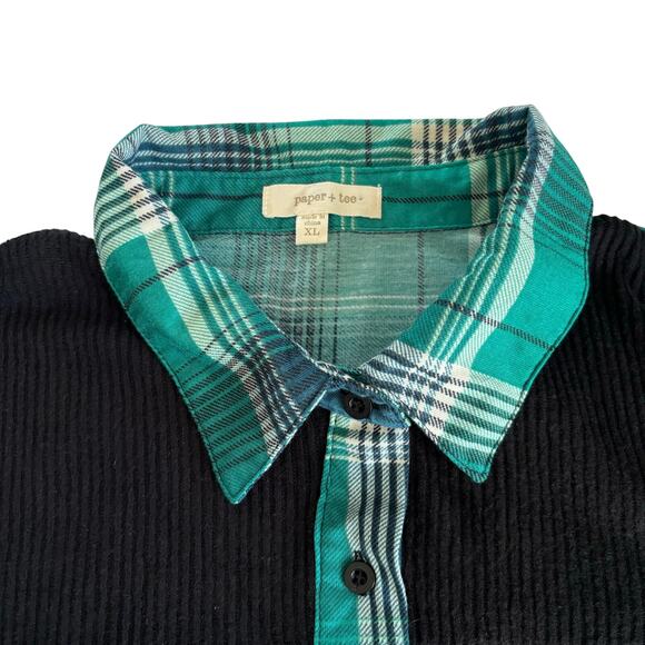 Paper + Tee Green and Black Cropped Plaid Button Up Shirt Juniors Size XL - Picture 2 of 6